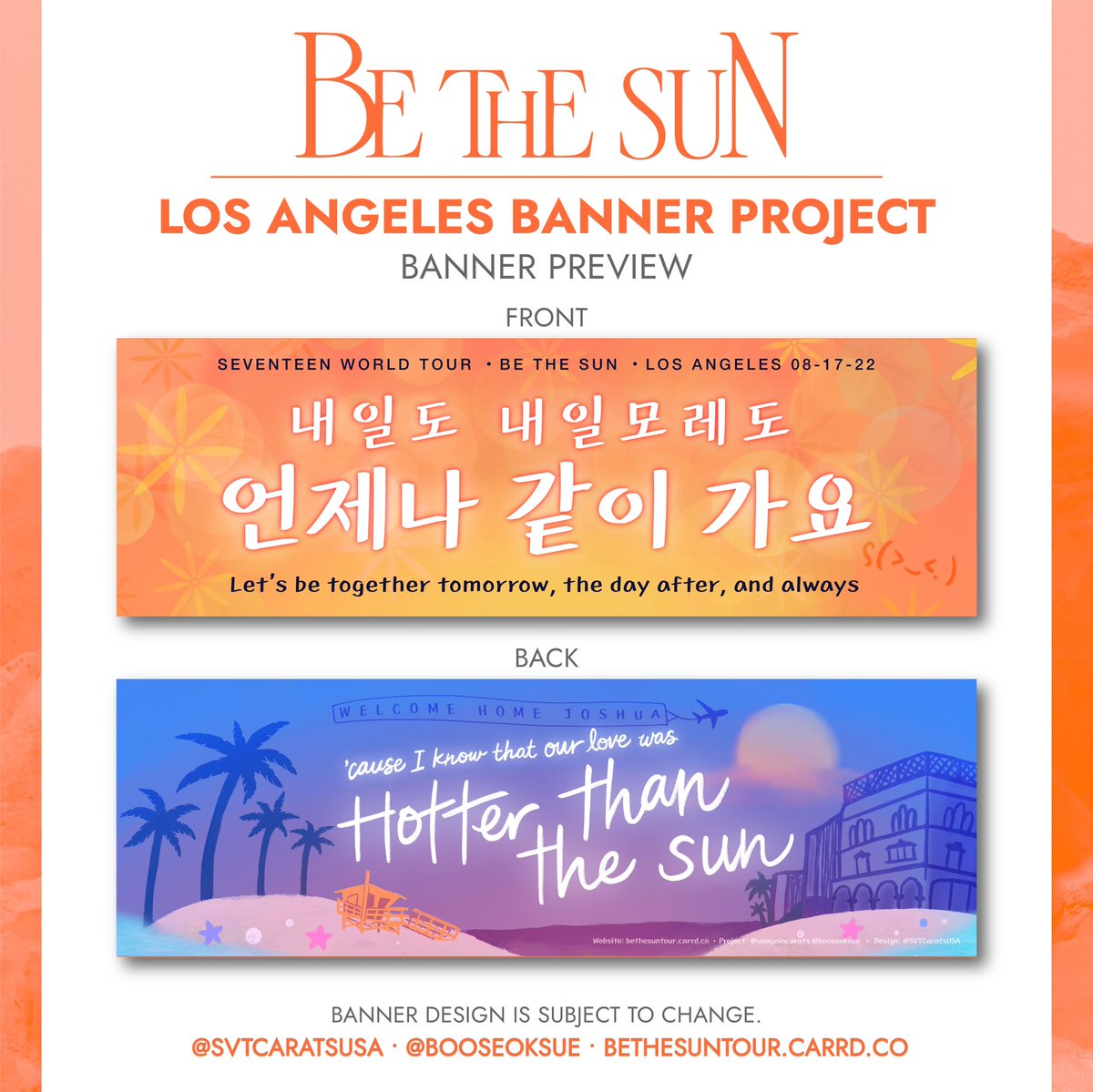 SVTCaratsUSA's tweet photo. Drum roll please…🥁✨

Introducing our banner design for #BeTheSunTour in Los Angeles🌴

Inspired by LA’s iconic beaches and sunsets, this banner symbolizes CARATs passion for #SEVENTEEN and set the pace for an unforgettable night❤️‍🔥

To donate visit: https://t.co/4SPdSLUrNR https://t.co/4SFQTSvAFy