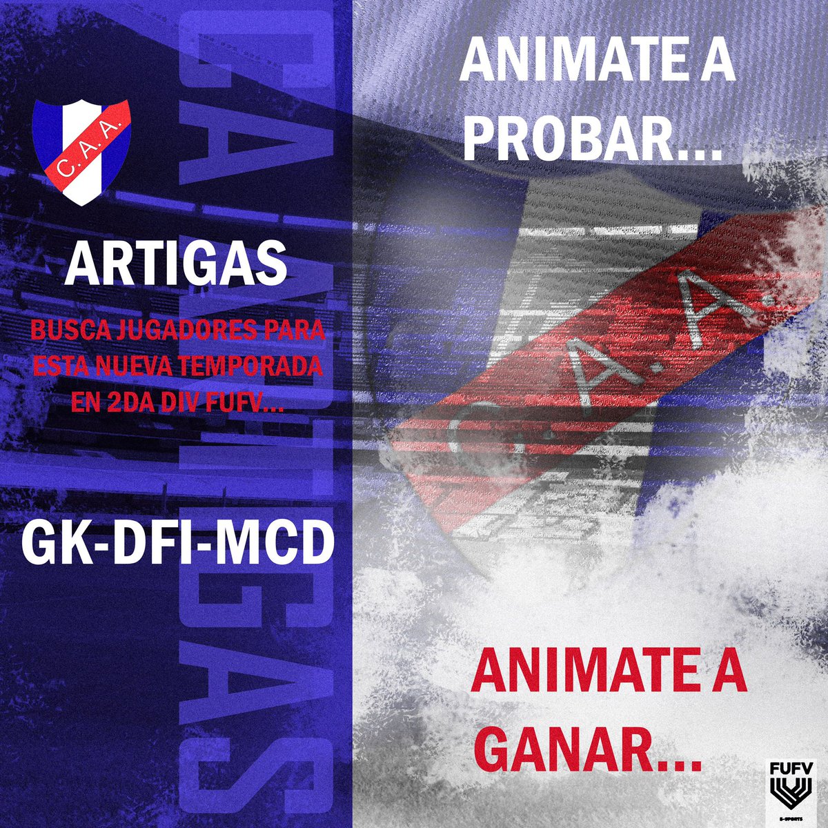 EsportsArtigas's tweet photo. Buscamos jugadores para afrontar la 2da Div @FUFVeSports 🔴⚪️🔵

Valoramos el compromiso a la hora de entrenar.
Se agradece RT 
@FufvFichajes @clubespro_uy @IESAFichajes @FichajesAyudas https://t.co/l2u3cYbiPu