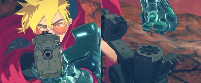 So I was looking at the trailer again, and thought they removed the iconic bottom-cylinder firing design of Vash's gun: Looking in detail, it seems to still fire from the bottom, but the "special" mechanisms are now below the barrel instead of on-top? Also looks to fire .22 LR 