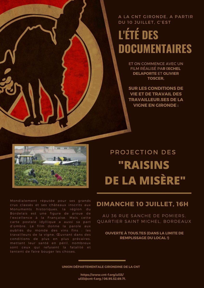 Nous vous donnons RDV le Dimanche 10 Juillet à 16h au local syndical pour notre première séance de l'été des documentaires !

Au programme : les raisins de la misère