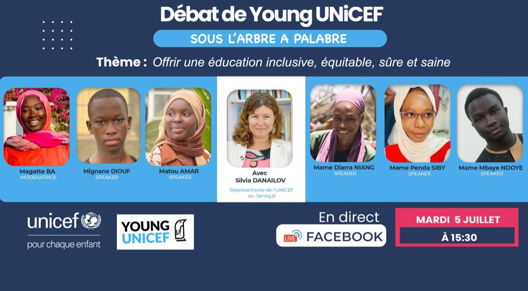 #SAVETHEDATE 🔴Nous vous invitons à suivre notre 1er numéro sous l'arbre à palabre🗣️ animé🎙️ par les jeunes pour les jeunes avec comme invité <a href="/SilviaDanailov/">Silvia Danailov</a> représentante de <a href="/unicefsenegal/">UNICEF Sénégal</a> autour du thème: "📚Offrir une éducation inclusive, équitable, sûre et saine."  #StayTuned