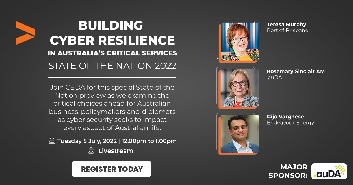 Sharon Braun (@ushi_braun) on Twitter photo How do we build resilience and ensure the cyber safety of our critical infrastructure and services? Join <a href="/ceda_news/">CEDA</a>'s livestream to explore this question with <a href="/RosemarySinc/">Rosemary Sinclair AM</a>, <a href="/gijov/">Gijo Varghese</a> and <a href="/teresasmurphy/">Teresa murphy</a>
portal.ceda.com.au/event/event-ov… How do we build resilience and ensure the cyber safety of our critical infrastructure and services? Join <a href="/ceda_news/">CEDA</a>'s livestream to explore this question with <a href="/RosemarySinc/">Rosemary Sinclair AM</a>, <a href="/gijov/">Gijo Varghese</a> and <a href="/teresasmurphy/">Teresa murphy</a>
portal.ceda.com.au/event/event-ov…