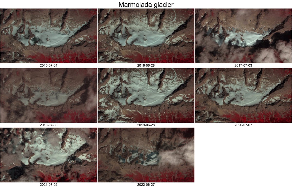 #Marmolada glacier snow line was much higher in June 2022 than it was the previous years (#Sentinel2 infrared composite: ice is blue, snow is white)