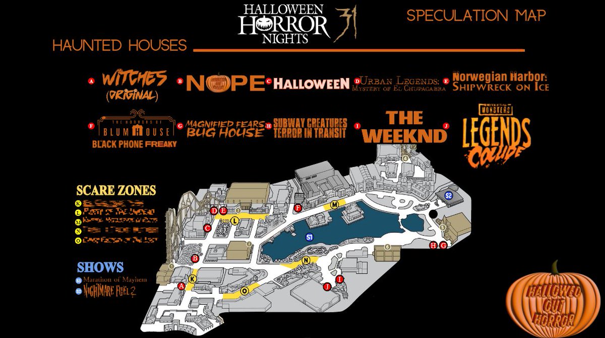 Hallowed_Horror's tweet image. With #HHN31 rumors swirling, we wanted to give everyone a better look at what we're seeing/hearing. Here is our first official #hhnspec map. #hhnforever #HHN2022 #hhn #Universalhhn