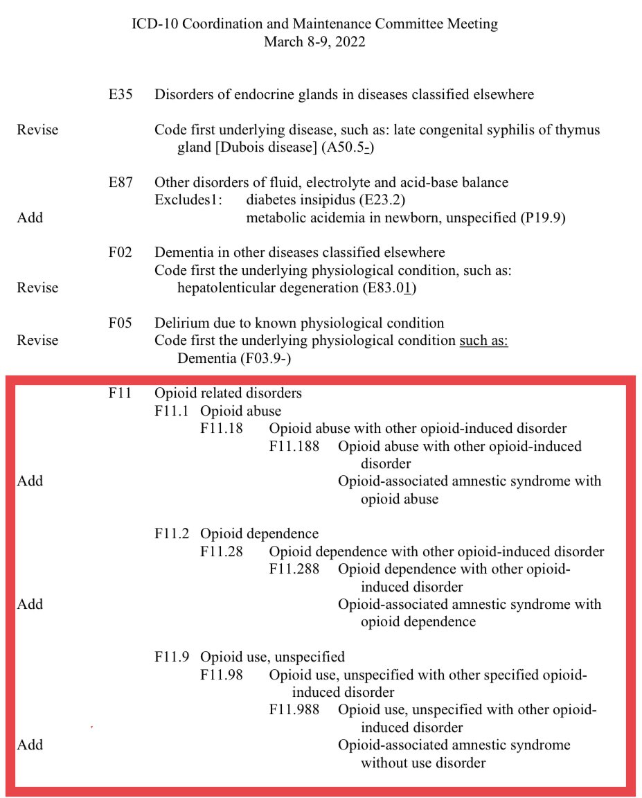 🚨ICD -10 Alert 🚨 

Opioid-associated amnestic syndrome will be incorporated into ICD-10 starting October 1, 2023.

Government recognition of OAS will hopefully improve efforts to promote awareness and surveillance.

See page 100: cdc.gov/nchs/data/icd/…

<a href="/CDCgov/">CDC</a> <a href="/NCHStats/">NCHS</a>
