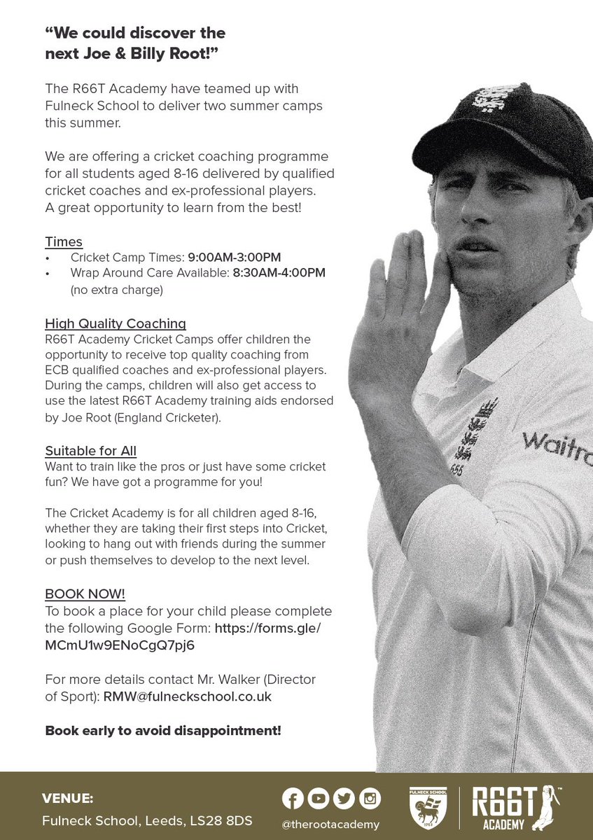 💥UNLOCK YOUR CRICKETING POTENTIAL” 💥this Summer and sign up to the <a href="/TheRootAcademy/">The Root Academy</a> Summer Camps at <a href="/FulneckSchool/">Fulneck School</a>. Book Now ➡️ forms.gle/ixmZPnk9B4Y8Vd… 🏏☀️🏏 💪