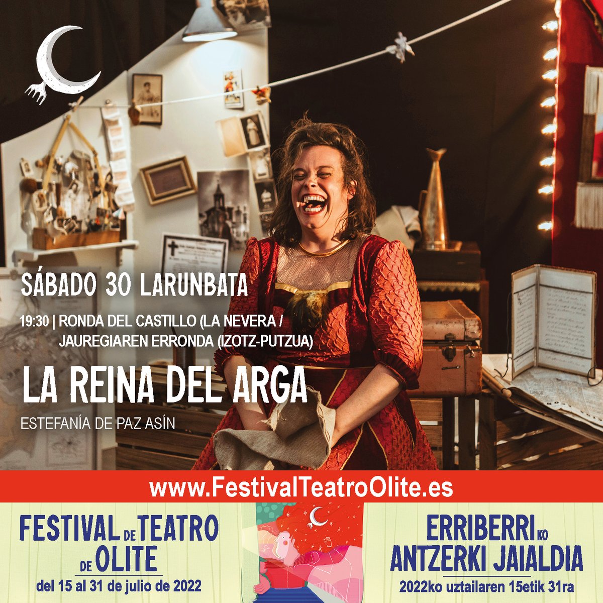 🎭 Erriberriko Antzerki Jaialdia /  
"LA REINA DEL ARGA"

👉 Egilea: Estefanía de Paz Asín eta Kiko Ortega
👉 Arte plastikoak: Estefanía de Paz Asín

🎟
festivalteatroolite.es/eu/ikuskizunak…
 
#Erriberri2022 #KulturaBirkargatu #KulturaSegurua <a href="/quieroteatro/">Belén Alvarez</a>