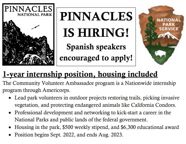 For those interested in working for the National Park Service! This 1-year position begins Sept. 2022, and includes housing in the national park. Spanish speakers and recent college grads in particular are especially encouraged to apply. cvainternships.org/pacificwestreg…