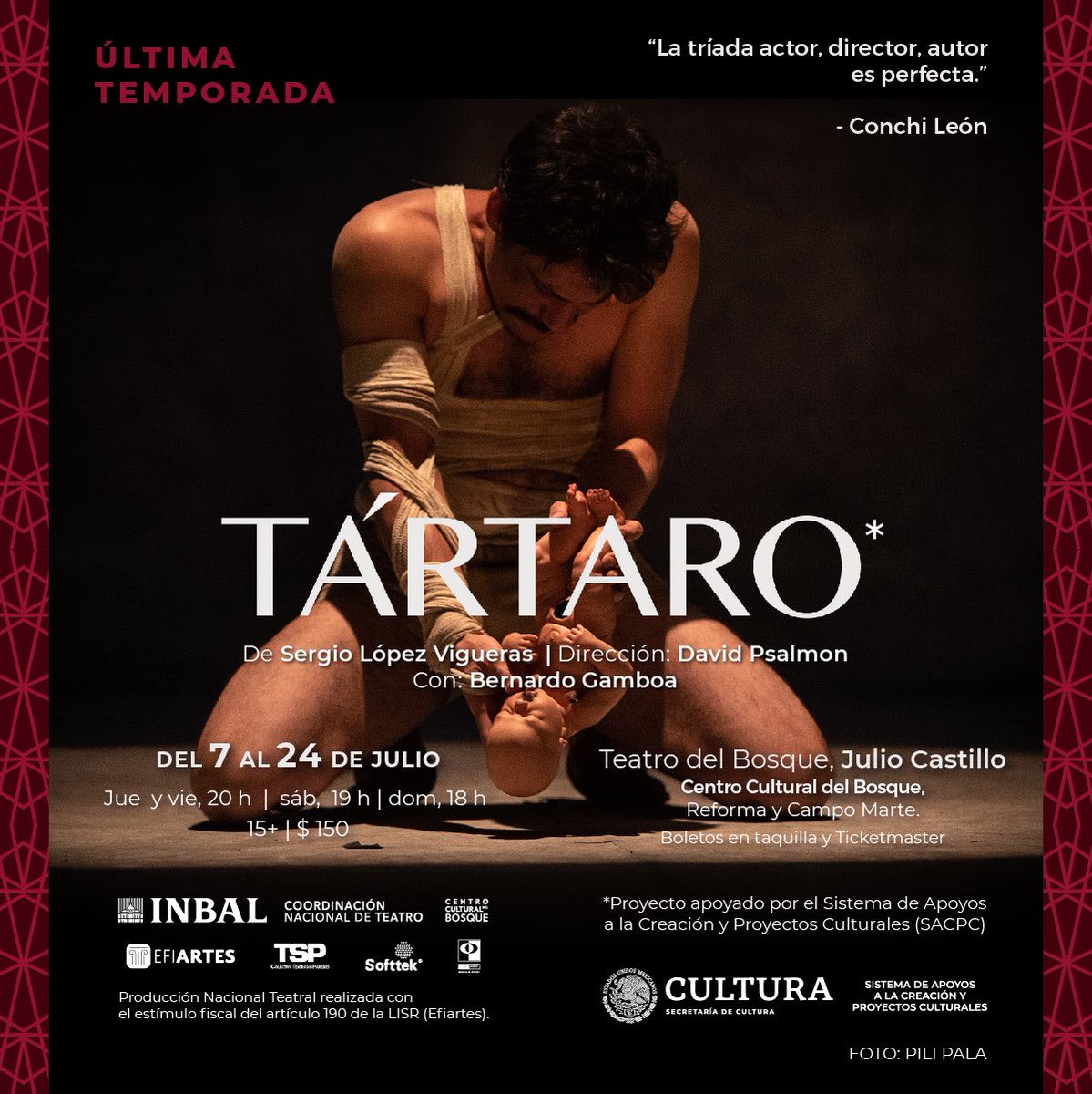 Estamos por comenzar la última temporada de 𝗧𝗔́𝗥𝗧𝗔𝗥𝗢 ¡No te la puedes perder! 

7 AL 24 JULIO • 🎭 Teatro del Bosque Julio Castillo •⌚Ju Vi 20h, Sá 19h y Do 18h

#Tártaro #monólogo #laotracaradelnarco #fenómenosocial #TSP #FONCA #EFIArtes