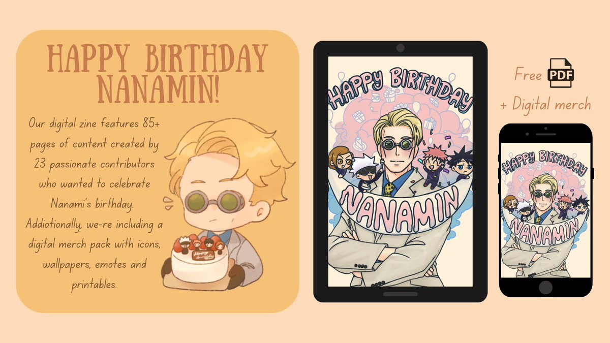 nanamibdayzine's tweet photo. It's Nanami Kento's birthday today and we're so happy to celebrate with the release of our FREE zine! If you love this character, check out this zine! 
You can download the PDF and digital merch from our drive! 
🎂DOWNLOAD: https://t.co/YgZdzi6fMK https://t.co/GSIum6JcDk