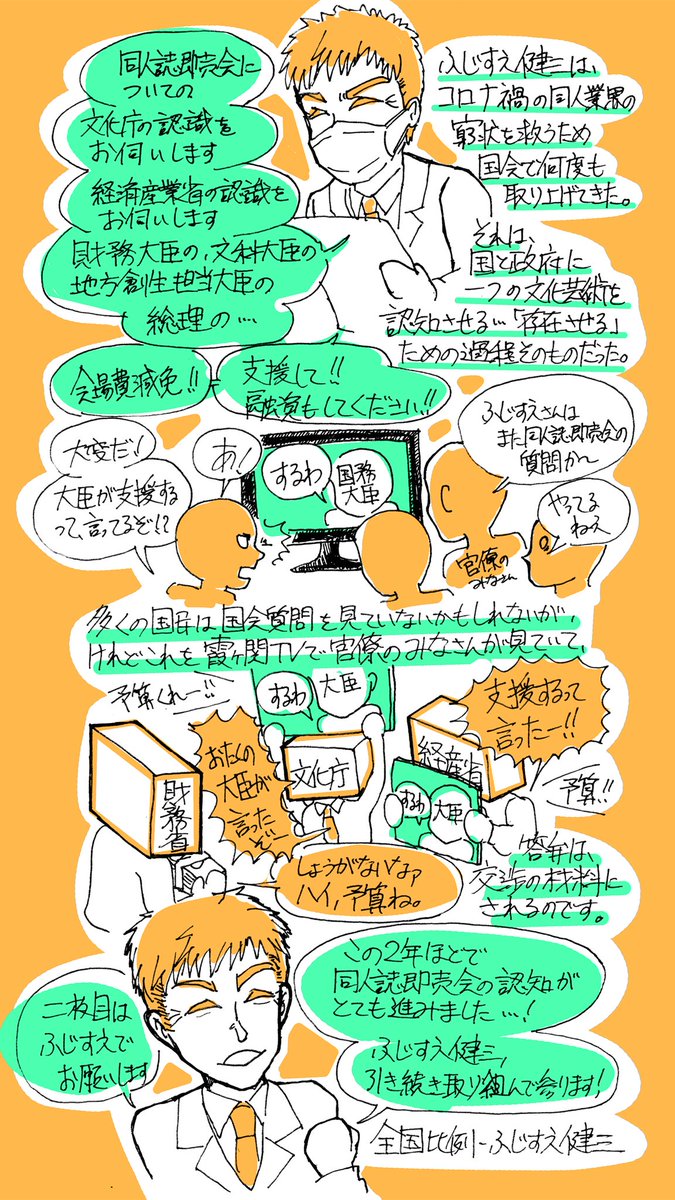 同人誌即売会と政治の関わりについてのマンガです。コロナで酷い目にあった同人誌即売会、政治との関わりはなくてはならないものになっています。

#C100
#表現の自由を守る参院選2022
#ふじすえ健三 #参院選2022 