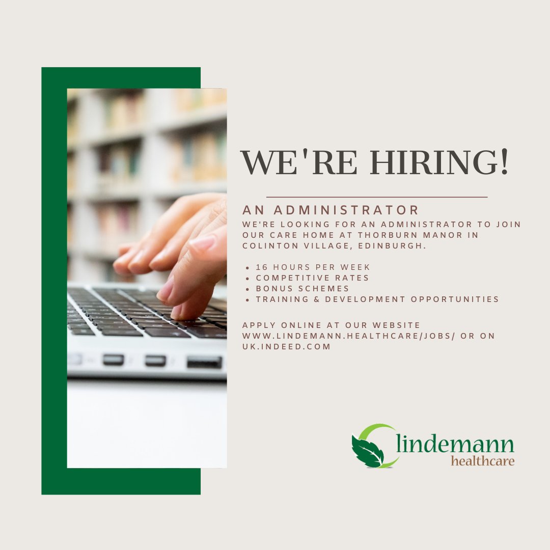 **WE’RE HIRING AN ADMINISTRATOR IN SOUTH  EDINBURGH** We’re currently looking for an #administrator to join our team at Thorburn Manor #NursingHome in #ColintonVillage #Edinburgh. Apply at lindemann.healthcare/jobs/

#EdinburghJobs #HiringNow #adminjobs #ThorburnManor #recruitingnow