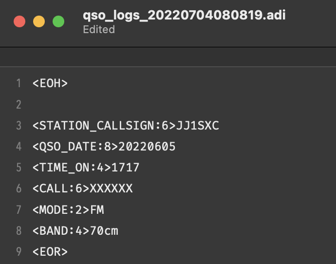 air_hamlog's tweet photo. @JS3KKT @Jq3onb 昨晩の更新で、 STATION_CALLSIGN については出力する ADIF ファイルに追加されるようになりました。
設定→ログ設定からコールサインを設定しておくと、出力される ADIF にコールサインが追加されます👀 https://t.co/7Sw3PkHVf9