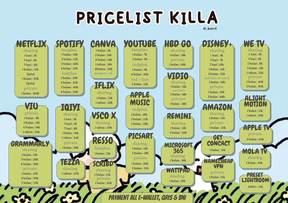 _kucel's tweet image. haiii kakk jajan app premium kak? ada nihh kak murce, trusted 100%, fastrep, ramah jg nich, testi ada di bio link 🤩☝️✨

yuk buruan order kk ✨🫰🏻
📩 DM ke @_kucel 👈

jual ada netflix spotify iqiyi viu disney hotstar vidio