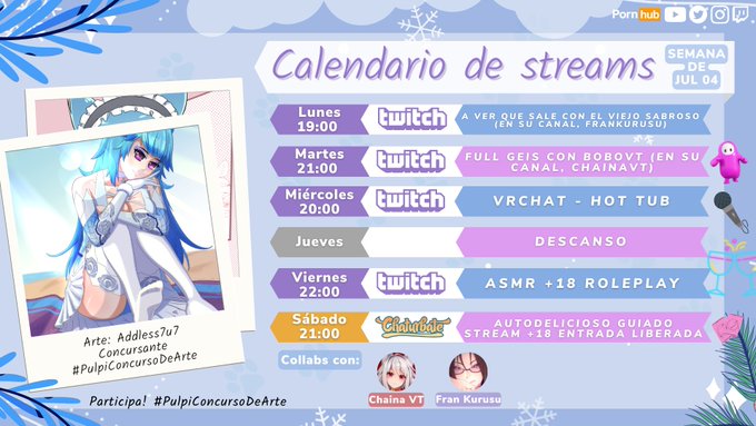 ❄️ ¡Calendario de Streams! ❄️
Horarios en 🇨🇱

🌿 Stream +18 en CB Free
✨ Fallguys con @chainavt 
🥂 Lo