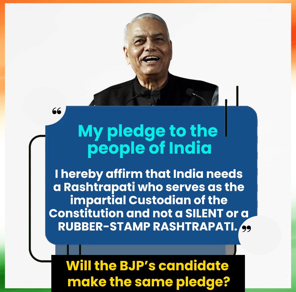 To ensure a better future for all Indians, the Rashtrapati must work conscientiously. I pledge that, upon being elected as President, I’ll serve as an impartial Custodian of the Constitution; not a rubber stamp for the govt. I urge the BJP’s candidate to make the same pledge.