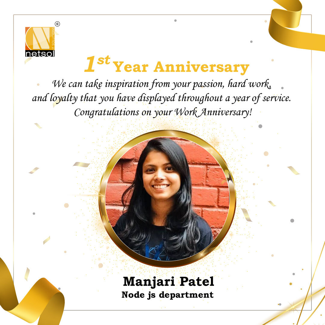 NetsolIT's tweet photo. Congratulations, Manjari Patel. On your 1st Work Anniversary today! You have been such a significant part of our team and now, when we look back, we want to thank you for all your efforts, hard work, and everything you do! 

#netsolitsolutions #workanniversary https://t.co/WiljC8eyZC