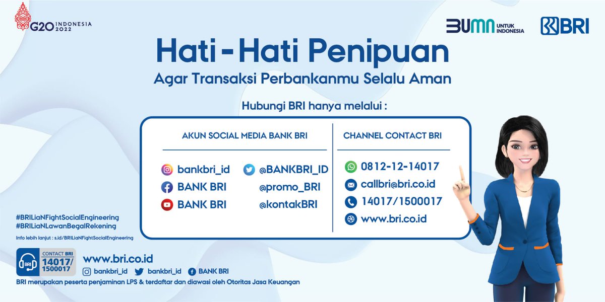 taufik_amirynto's tweet photo. Hai sobat BRI
Mohon untuk selalu *berhati-hati terhadap informasi dan Link palsu yang mengatasnamakan BANK*
Jangan pernah berikan data pribadi dan data perbankan anda kalian ke siapapun
MARI KITA LAWAN PARA PENIPU
#BrilianFightSocialEngineering
#BrilianLawanBegalRekening
#ROSBY https://t.co/B1WqV11un7
