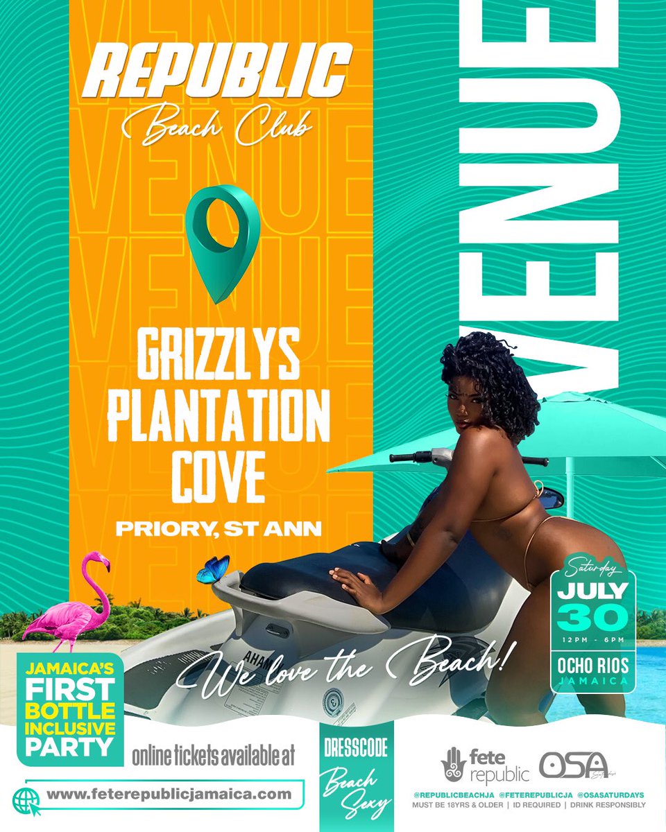 FeteRepublicJa's tweet photo. Life’s a beach but ours has bottles and babes 🤭

See you at Grizzly’s Plantation Cove in St Ann for #RepublicBeachClub!

Get your Early bird tickets ⤵️

https://t.co/eAW8Pen3Ap

#RepublicBeachClub #FeteRepublicJa #OSASaturdays https://t.co/EnneHJVavg