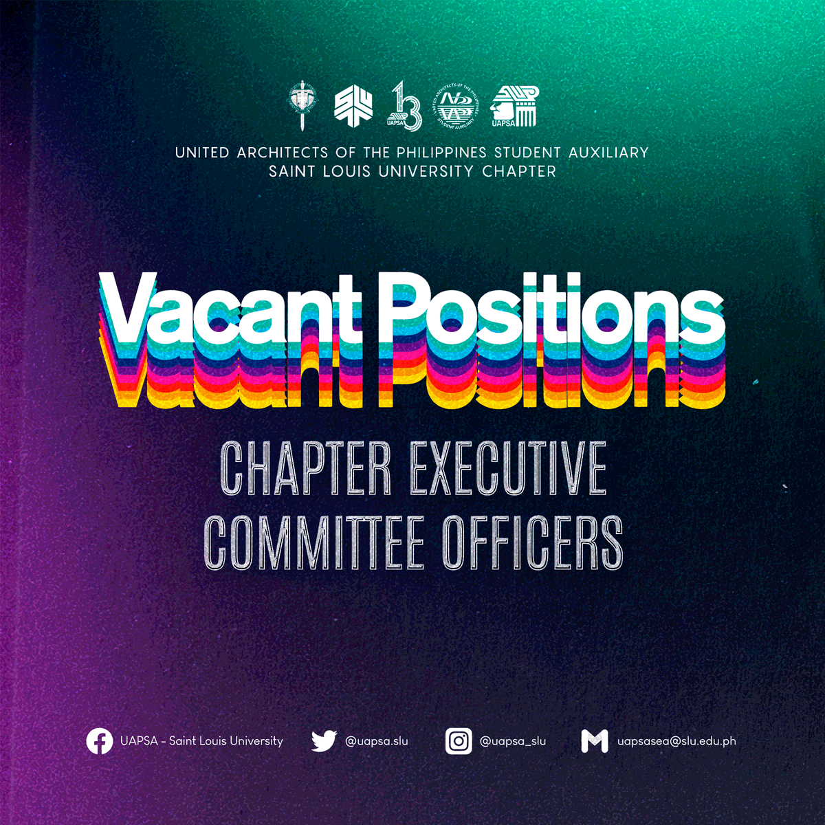 UAPSA_SLU's tweet photo. 🛡 𝙑𝘼𝘾𝘼𝙉𝙏 𝙋𝙊𝙎𝙄𝙏𝙄𝙊𝙉𝙎: 𝙀𝙭𝙚𝙘𝙪𝙩𝙞𝙫𝙚 𝘾𝙤𝙢𝙢𝙞𝙩𝙩𝙚𝙚 𝙊𝙛𝙛𝙞𝙘𝙚𝙧𝙨🛡

Access the Application drive Kit here or Scan the QR code: 
https://t.co/bRfZlnHn3O

#NewAPSASLU
#UAPSASLUyear13
#AscendUAPSALSU
#UAPSAbaysabay

Poster by Jef Yrand Eclarino https://t.co/3Rtz6v4QSJ