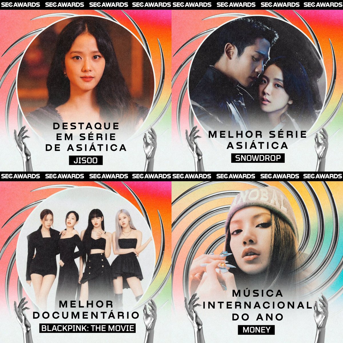 Congratulations @BLACKPINK for Winning this year’s #SECAwards:

• Featured in Asian Series (Jisoo)
• International Music (Money)
• Best Asian Series (Snowdrop)
• Best Documentary (Blackpink: The Movie)

#SECAwardsDay @secawards 
@seriesemcena @ygofficialblink