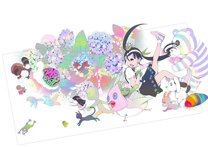 【休載SP企画】●2巻・特装版/八九寺真宵●このイラストにはダークな色味の怖カワver.もあったのですが、パステルタイプのこちらに軍杯があがりました。普遍性を探究しつつも、グレ吉くんと担当の悩んだ時のジャッジの合言葉は「どっちが今っぽいか」です。(グレスタ) 
