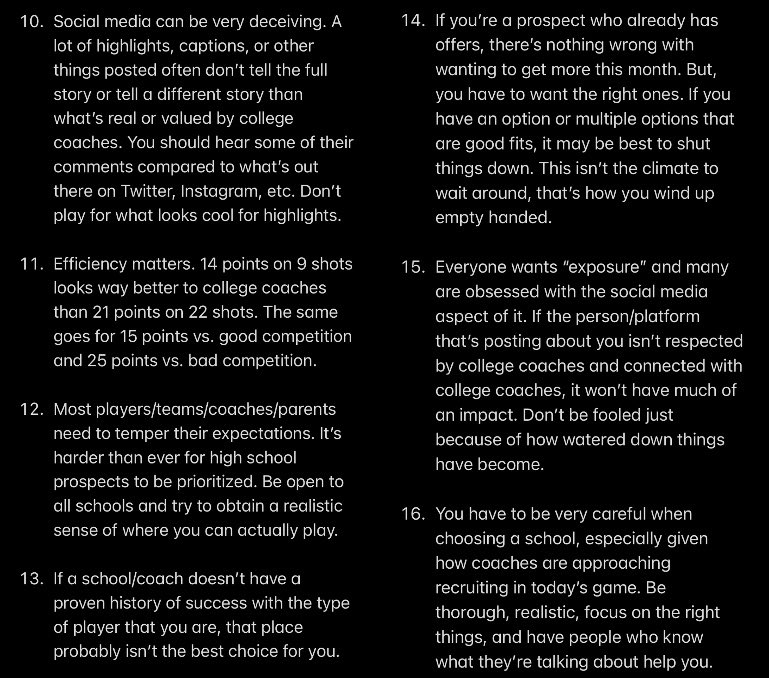 Here are some general thoughts & tips as we approach the July Live Periods and guys either get ready to try to earn offers or get closer to narrowing things down & choosing a school. Many more things to emphasize also but these are some that I feel are important to keep in mind.