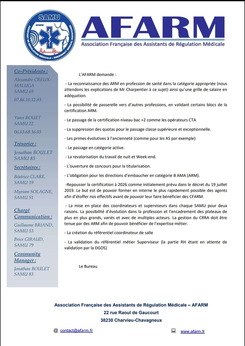 [ 🚨 Courrier Réponse à #SUdF 🚨 ]

Retrouvez ci-dessous le courrier que l' AFARM a envoyée à <a href="/SUdF_Officiel/">Samu-Urgences France</a> suite à leur sollicitation pour connaître les demandes de l'association et des #ARM pour le passage en catégorie #soignant.