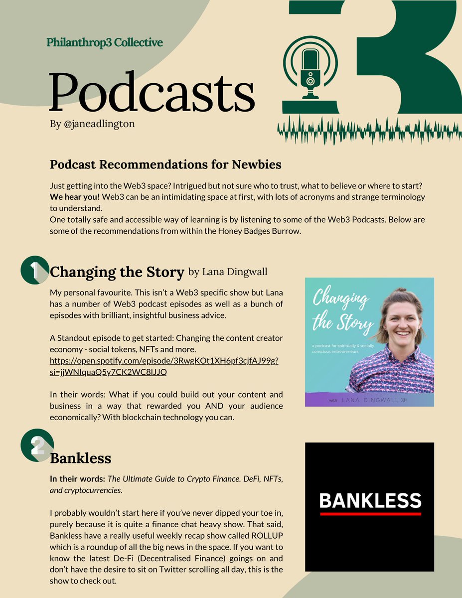 PHILANTHROP3_'s tweet photo. Don't know where to start when it comes to Web3.0? PODCASTS! But which ones? Ask @janeadlington! Our newest article "Podcasts For Crypto Newbies" is up on @PHILANTHROP3_! Listen to @bankless @overpricedjpegs @womenofweb3co @RealVision and learn fast! 💚
https://t.co/W06joRWXDl https://t.co/gPQRh9xBIa
