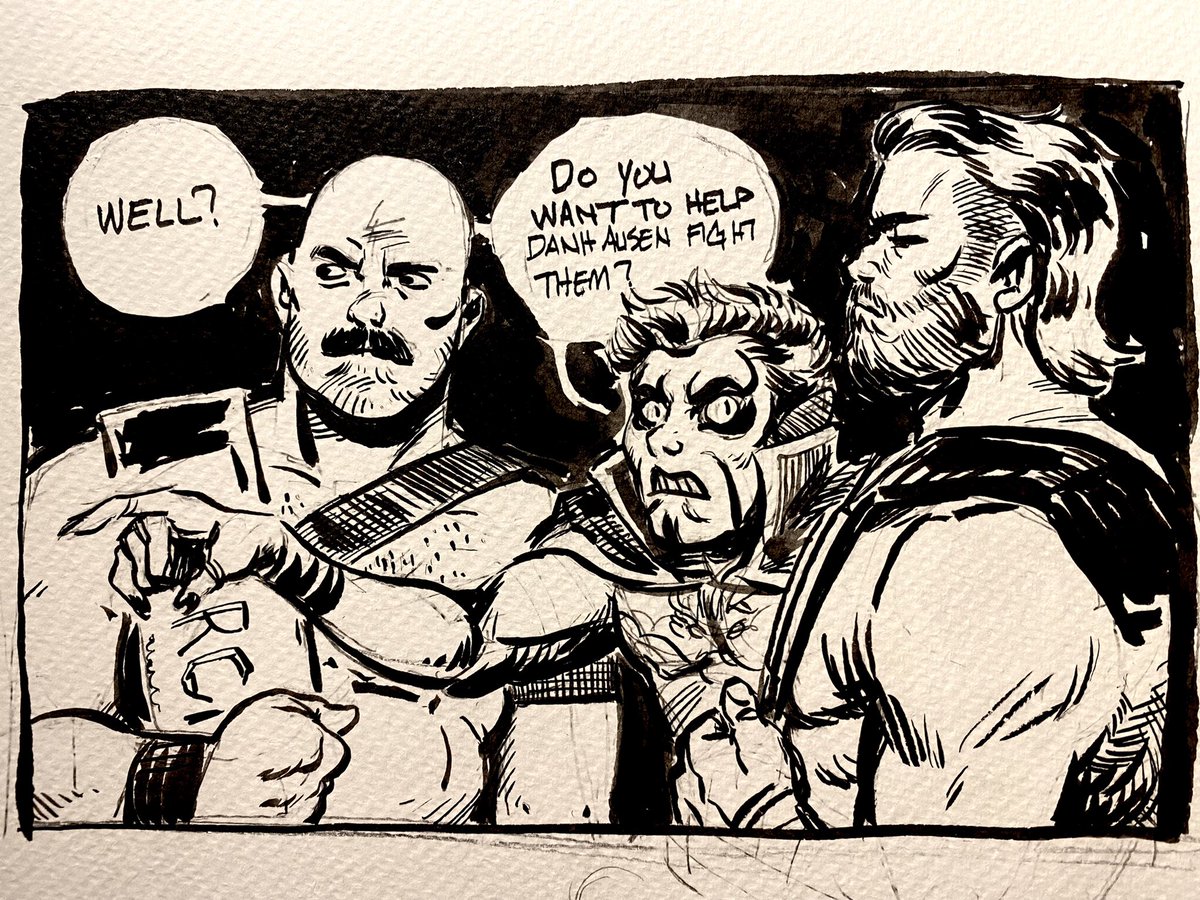 Quick ink brush warmup ft @DanhausenAD @DaxFTR and @CashWheelerFTR . Idk if you guys know this but wrestlers are fun to draw.