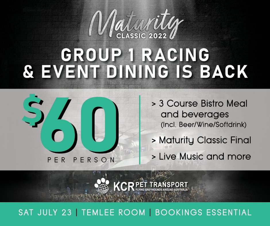 MelbourneGreys's tweet photo. Dining packages for the Group 1 KCR Pet Transport Maturity Classic are now available!

Join us on July 23 as future superstars do battle on the big stage. 

BOOK NOW | https://t.co/62O3FBTFNZ https://t.co/yjf2tK2nJG
