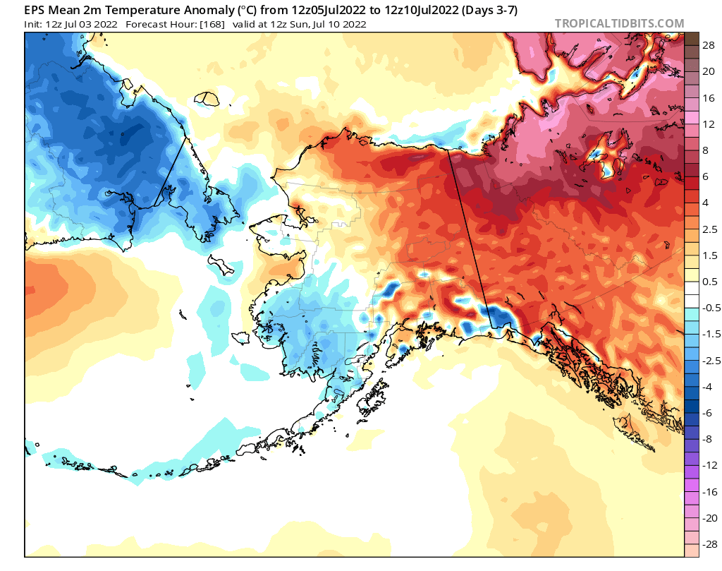 ZLabe's tweet image. Temperatures in the western Canadian Arctic Archipelago (upper right on map) are projected to rise up to nearly 15°C above average over the next week...

[Map from tropicaltidbits.com/analysis/model…]