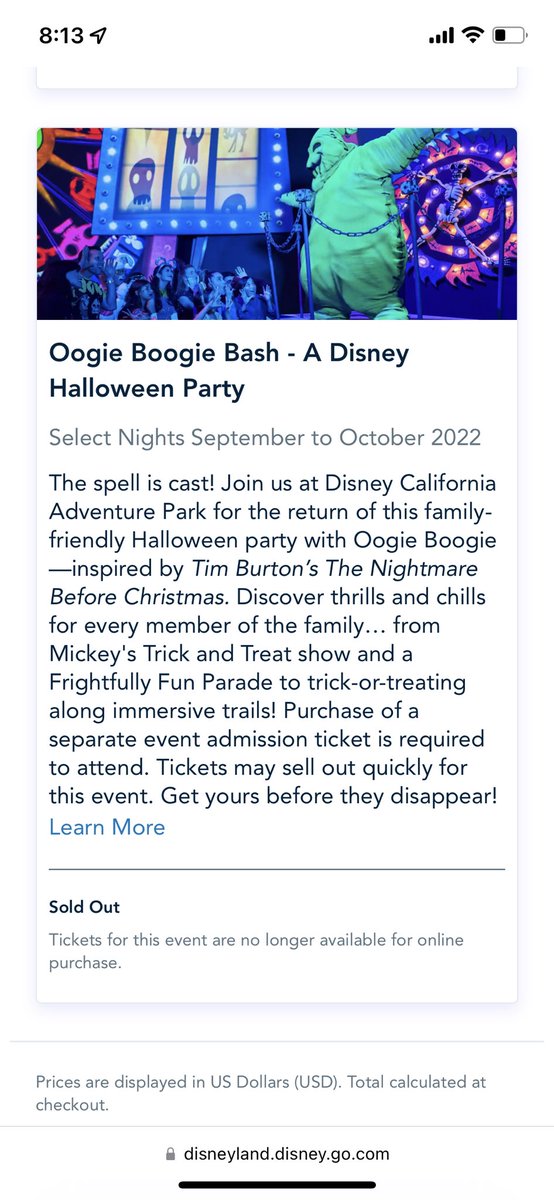 Oogie Boogie Bash 2022 is now completely Sold Out.

At the moment, there is not a single ticket for sale.

Subject to change, as more tickets may be released at any moment.

#oogieboogiebash #disney #Halloween #Disneyland #CaliforniaAdventure #DisneylandPark #DisneylandResort https://t.co/VSQpRvDH7Z