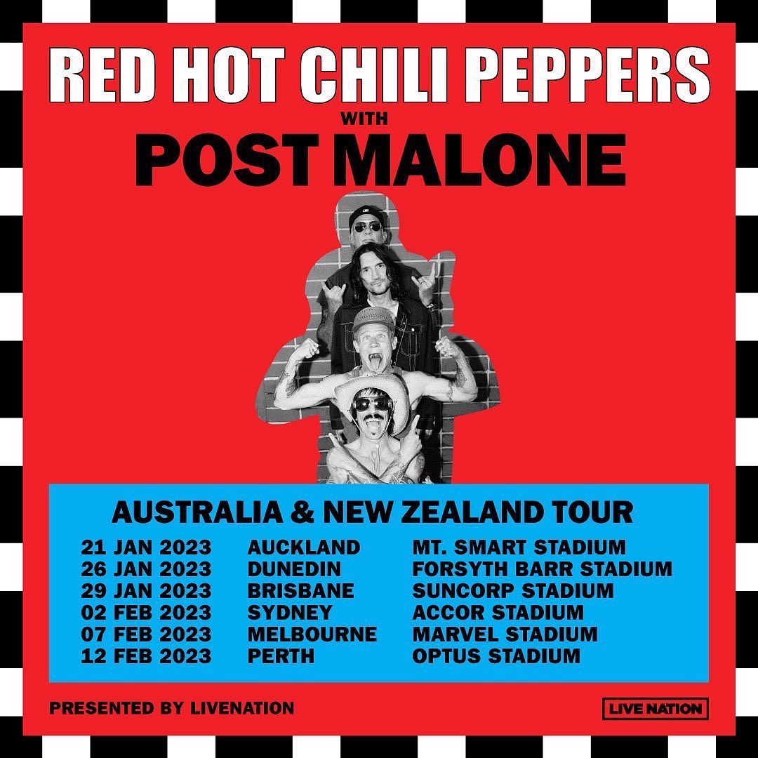 Mushroom Publishing (@mushroompublish) on Twitter photo Rock legends, <a href="/ChiliPeppers/">Red Hot Chili Peppers</a>, will be heading to AU + NZ to play huuuge stadium shows in 2023, with support from <a href="/PostMalone/">Post Malone</a> 🌶 Tickets + details via <a href="/LiveNationAU/">Live Nation Australia</a> Rock legends, <a href="/ChiliPeppers/">Red Hot Chili Peppers</a>, will be heading to AU + NZ to play huuuge stadium shows in 2023, with support from <a href="/PostMalone/">Post Malone</a> 🌶 Tickets + details via <a href="/LiveNationAU/">Live Nation Australia</a>