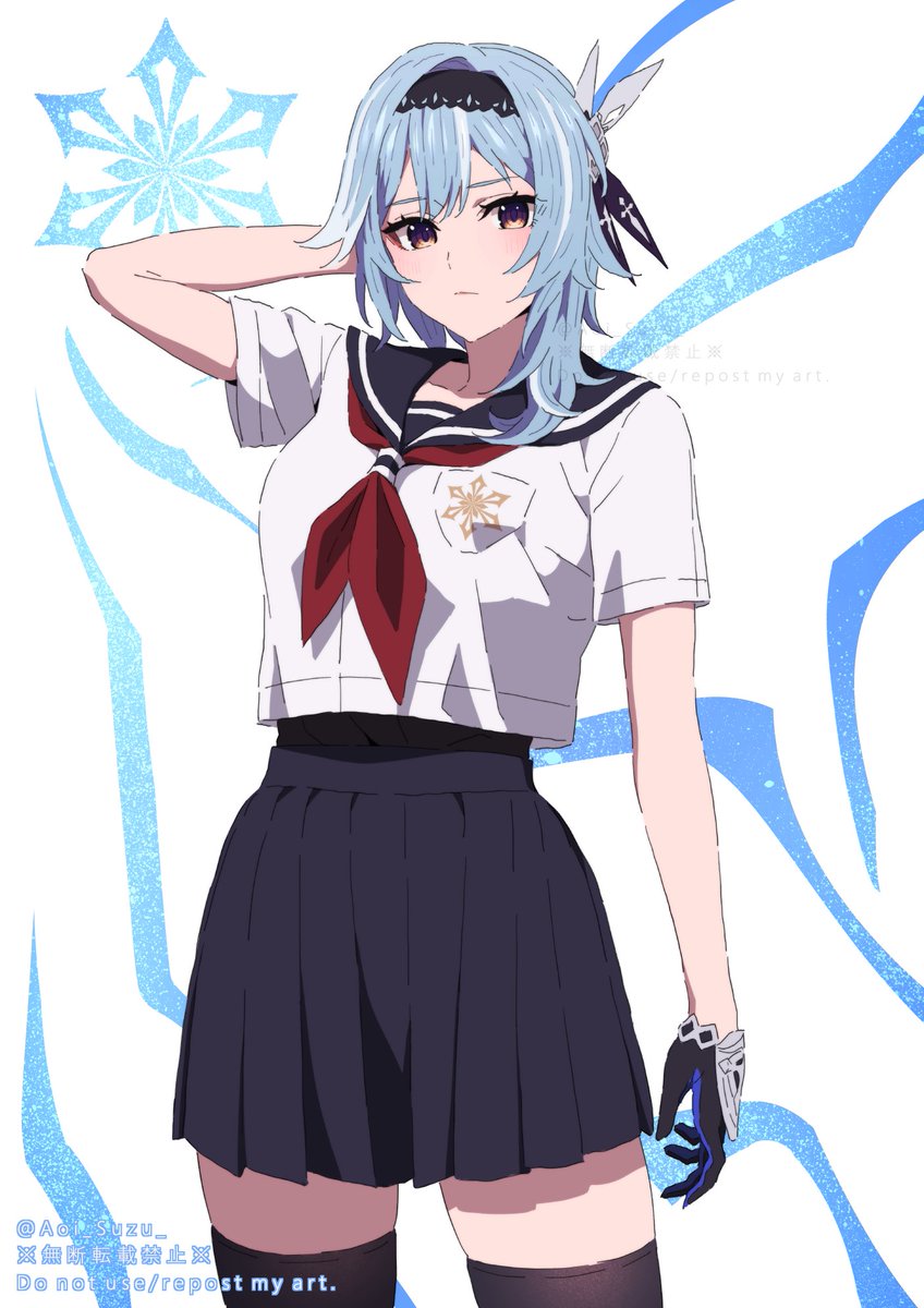 eula (genshin impact) 1girl school uniform thighhighs solo serafuku skirt blue hair  illustration images