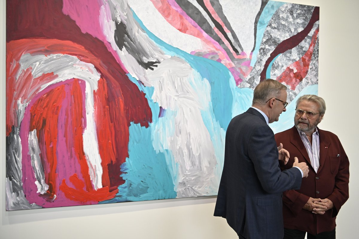 pmc_gov_au's tweet photo. PM @AlboMP also attended the launch of the Sally Gabori exhibition, sharing the rich and unique culture of Indigenous peoples of Australia with the people of France. PM also met the late artist's family that travelled all the way from Mornington Island, Queensland, to honour her. https://t.co/hKOqhsJ9FU