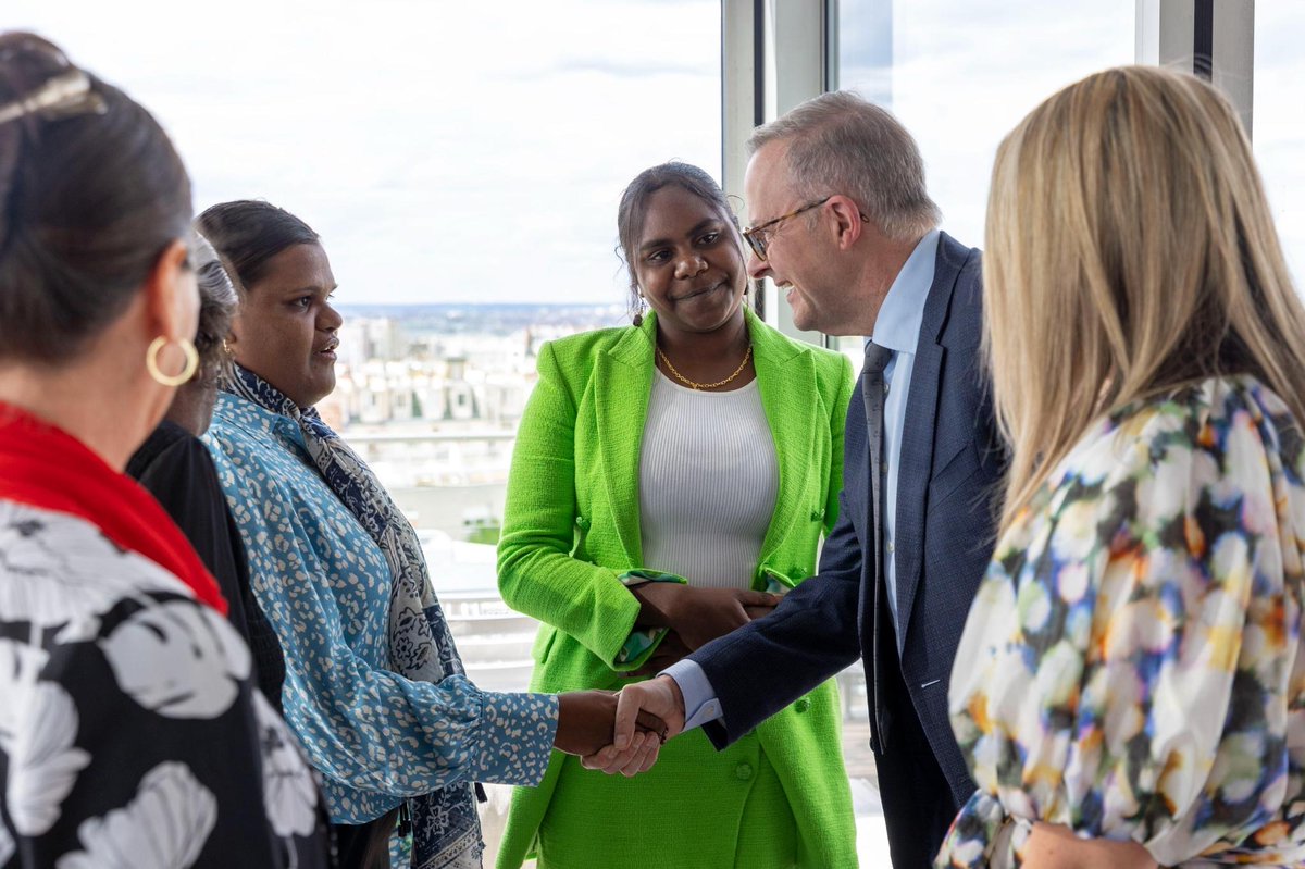 pmc_gov_au's tweet photo. PM @AlboMP also attended the launch of the Sally Gabori exhibition, sharing the rich and unique culture of Indigenous peoples of Australia with the people of France. PM also met the late artist's family that travelled all the way from Mornington Island, Queensland, to honour her. https://t.co/hKOqhsJ9FU