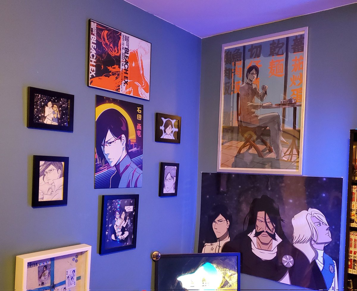 Mellizard's tweet photo. It really took all day, but finally rearranged and dusted. Now I have an Ichigo shelf...never thought that would happen. Like ever.  (Yes. I know it's backwards to put Ichigo on the white and not Quincy boy, but Uryu needs more room!)  More pics in comments 💙 #Bleach #exhausted https://t.co/0zppy1P2DX