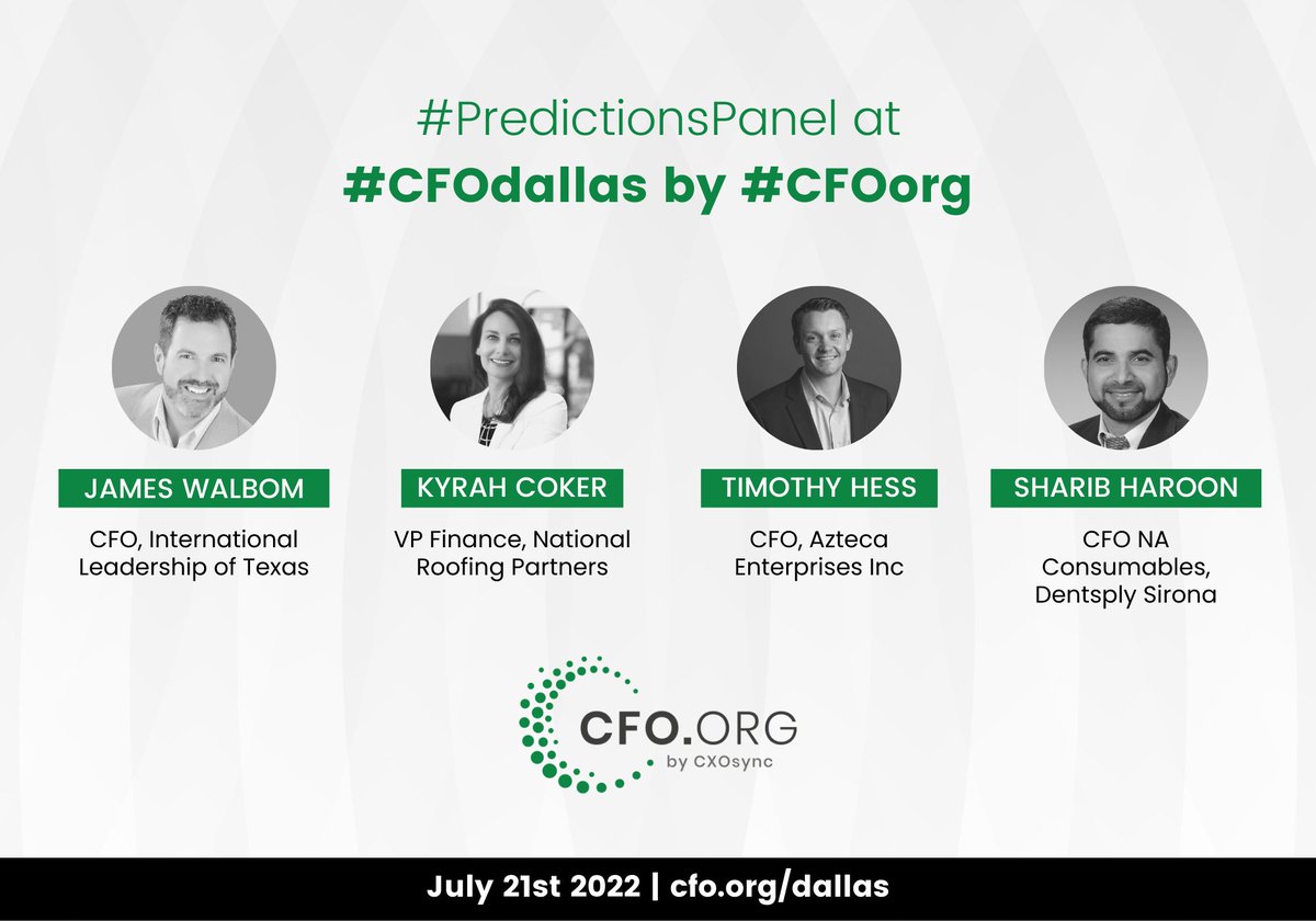 #CFOdallas by #CFOorg is happening on July 21st! Register here: cfo.org/dallas

Welcome panels James Walbom, Kyrah Coker, Timothy H. and Sharib Haroon!

#finance #accounts #financialplanning #cfo #financialrisks #financemanagement #fintech #data #tech #ai