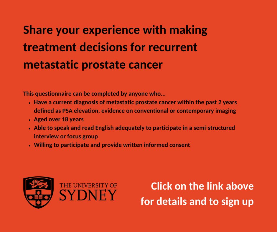 hagsie's tweet photo. Have you been diagnosed with recurrent metastatic #ProstateCancer &amp; live in Australia or New Zealand - please consider taking part in our study exploring #DecisionMaking.
Follow the link: https://t.co/2AKalkUFtY
#PCSM @ANZUPtrials @PCFA @CancerCouncilOz @COSAoncology @POCOG1 https://t.co/PcKh8gJEu2