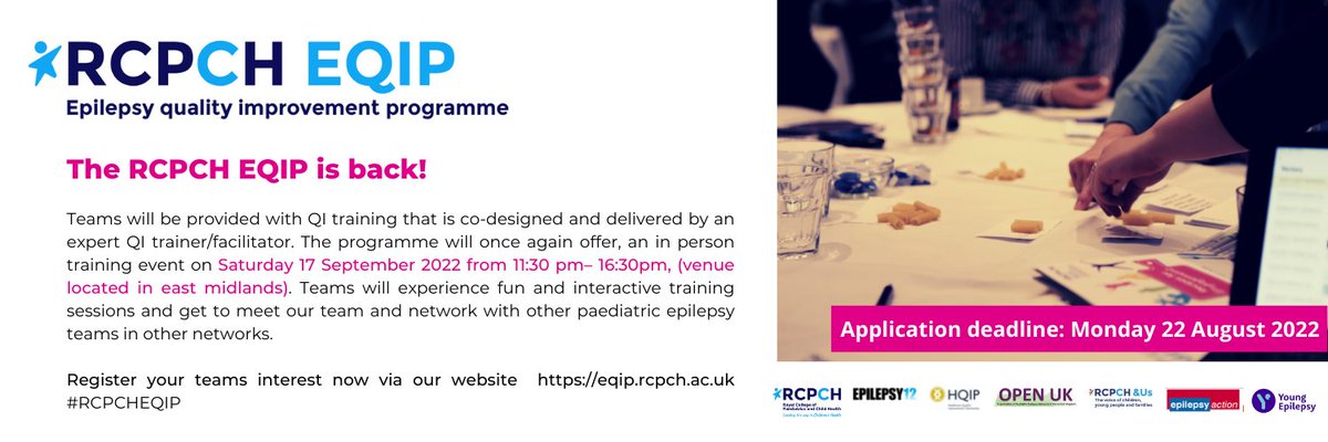 🚨 The RCPCH EQIP is back!
The programme will once again offer an in-person training event on Saturday 17 Sept 2022 from 11:30 – 16:30 (venue in East Midlands). 
Register your team's interest &amp; more info👉 bit.ly/RCPCHEQIP   
Application deadline: Mon 22 August
#RCPCHEQIP