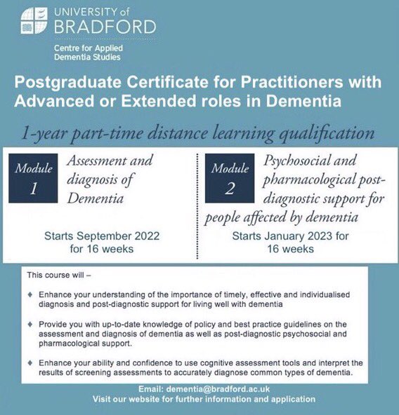 Do you work/want to work in #MAS in West Yorkshire? Are you/will you be involved in assessing and diagnosing dementia and offering post-diagnostic support? You could have a funded place on our PG Cert for practitioners with Advanced or Extended roles in Dementia! 👇👇👇