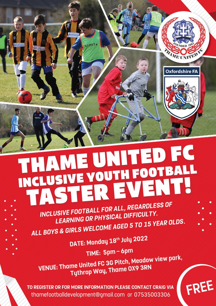 @thameunitedfc are delivering a FREE taster session on Mon 18th Jul (5–6pm)⚽
This inclusive disability football session is for all, regardless of learning or physical difficulty. Welcoming all boys & girls aged 5–15 to get involved🤝
All info on the flyer👇 @OxfordshireFA