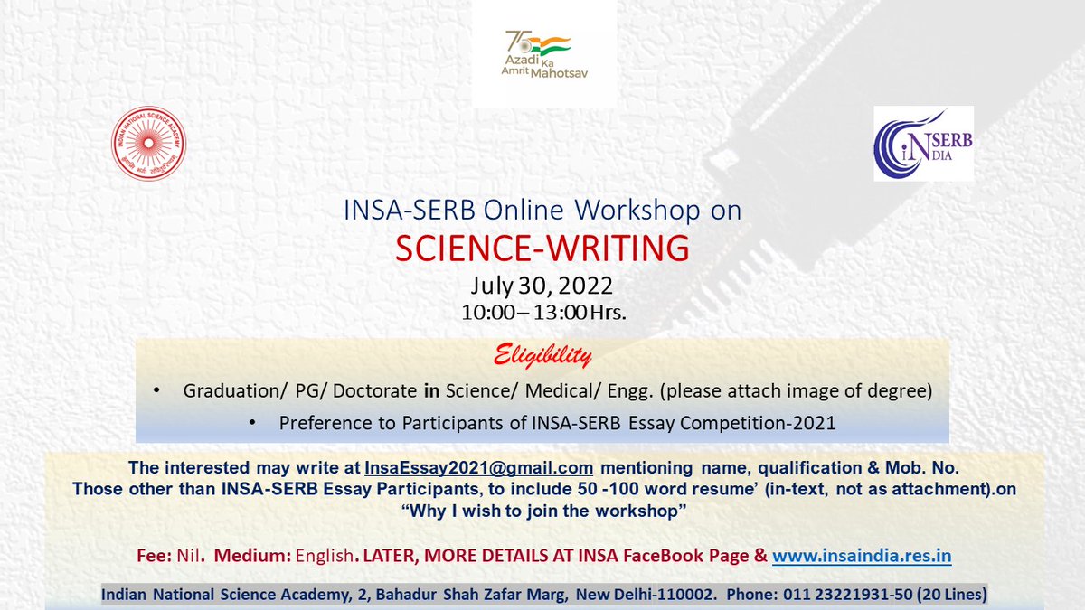 insa_academy's tweet photo. #insaindia
INSA-SERB Science-Writing Workshop (online) on 30th July

@serbonline @IndiaDST https://t.co/DhPNszx9UK