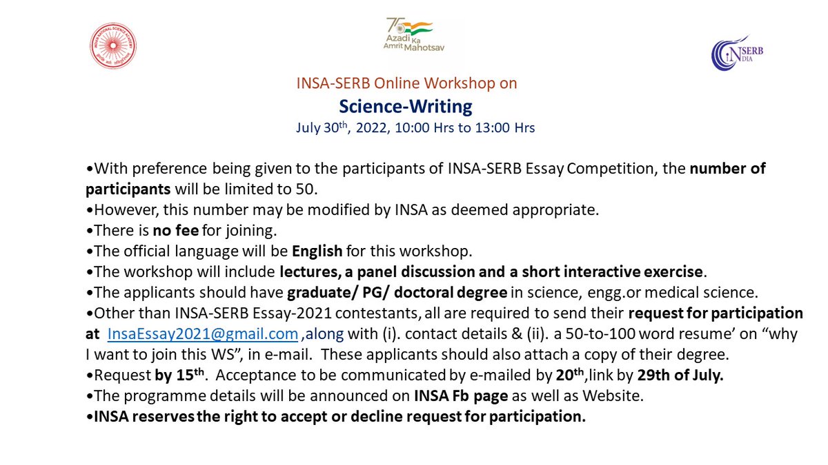 insa_academy's tweet photo. #insaindia
INSA-SERB Science-Writing Workshop (online) on 30th July

@serbonline @IndiaDST https://t.co/DhPNszx9UK