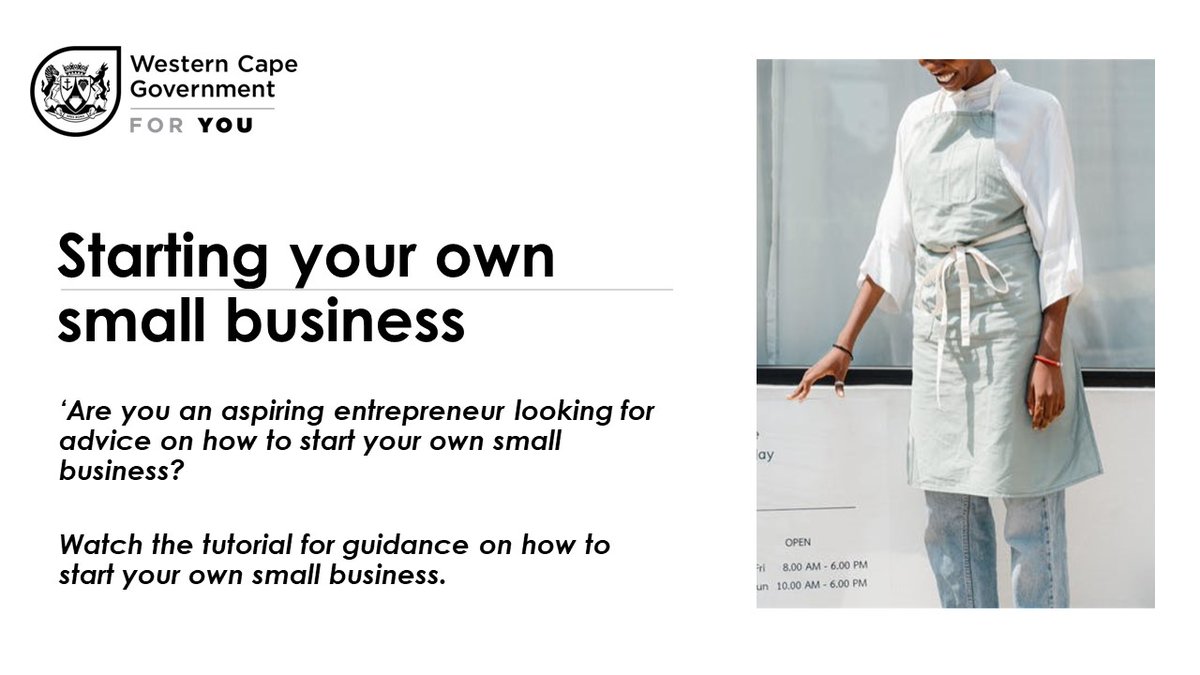 WesternCapeGov's tweet photo. Get clued up on how to start your own small business.
For more info, visit https://t.co/oBa1yLA09m
#DEDAT #RedTapeReduction https://t.co/AOtRzkb8GE