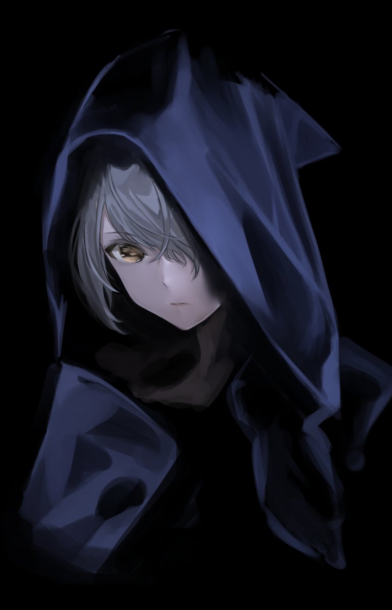 solo black background hood hood up simple background grey hair looking at viewer  illustration images