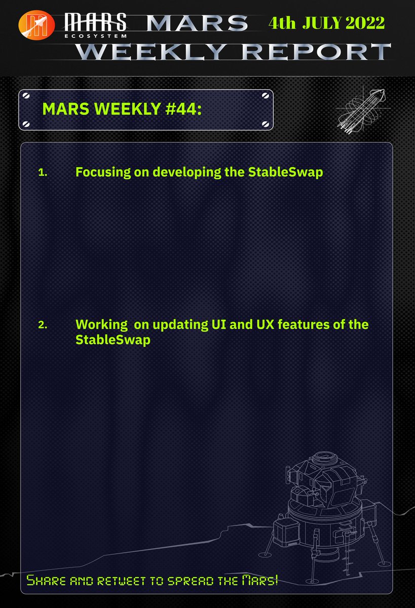 Here comes #MarsEcosystem Weekly Report #44 (June 27th — July 3rd):

Mars Ecosystem will maintain weekly updates to share the progress with all community members with maximum transparency. 

📍dApp:app.marsecosystem.com

📖Read the details:medium.com/@mars-ecosyste…
