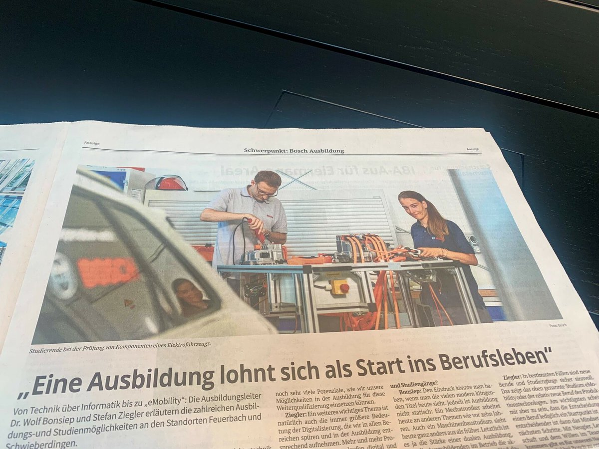Im Interview mit <a href="/StN_News/">StN_News</a> sprechen sich Ausbildungsleiter Stefan Ziegler &amp; Dr. Wolf Bonsiep für die Studien- &amp; #Ausbildungsangebote bei Bosch aus. Neben Ausbildungen in Feldern wie Mechatronik &amp; Elektronik, gibt es duale &amp; kooperative #Studiengänge wie das #eMobility-Studium 🚗