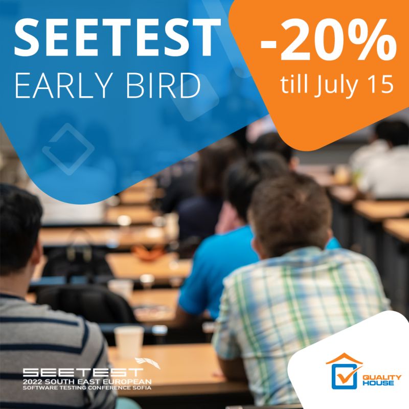 Take advantage of the 🦅 𝗘𝗮𝗿𝗹𝘆 𝗕𝗶𝗿𝗱 -20% discount until July 15 for the SEETEST 2022 conference, which will be held hybrid - in Sofia and online - on September 29 and 30 ➡ bit.ly/3LeQHIp